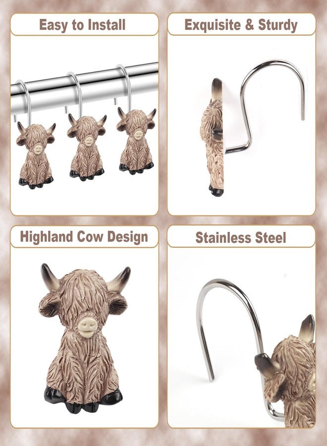 Faitove Highland Cow Shower Curtain Hooks Funny Rustic Western Cowboy Farmhouse Bathroom Decor Cute Resin Stainless Steel Rings Kids 12 PCS - Image 3