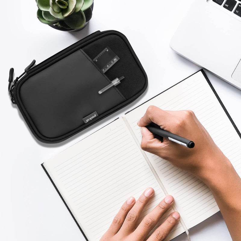 pack all Pencil Pen Case, Portable Pencil Pouch with Zipper, Compact Stationery Bag Makeup Bag, Pencil Bag for Home Office(Black) - Image 2