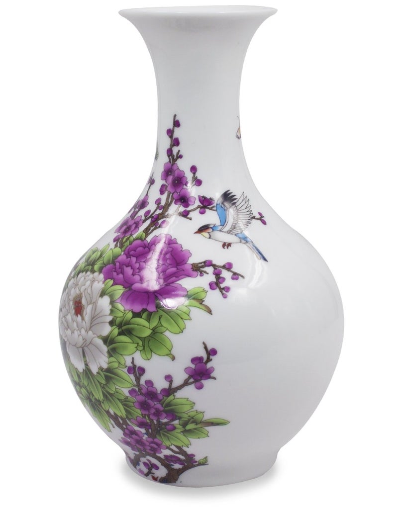 Dahlia Famille Rose Flower Vase, Handmade Chinese Porcelain, Birds in Peony, Melon Shape 8.5 Inches - Image 4