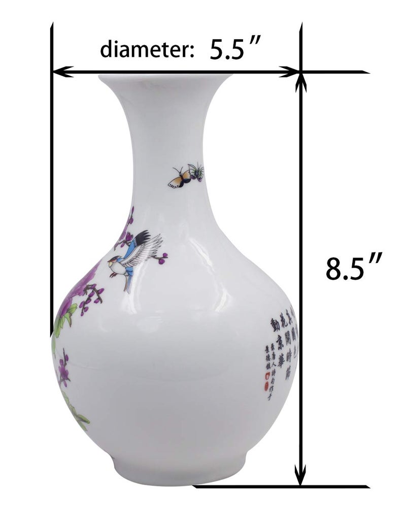 Dahlia Famille Rose Flower Vase, Handmade Chinese Porcelain, Birds in Peony, Melon Shape 8.5 Inches - Image 5