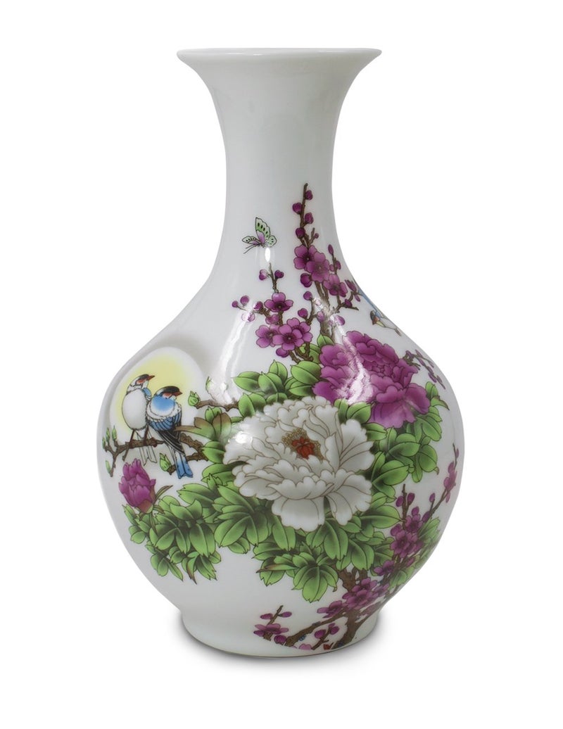 Dahlia Famille Rose Flower Vase, Handmade Chinese Porcelain, Birds in Peony, Melon Shape 8.5 Inches - Image 1