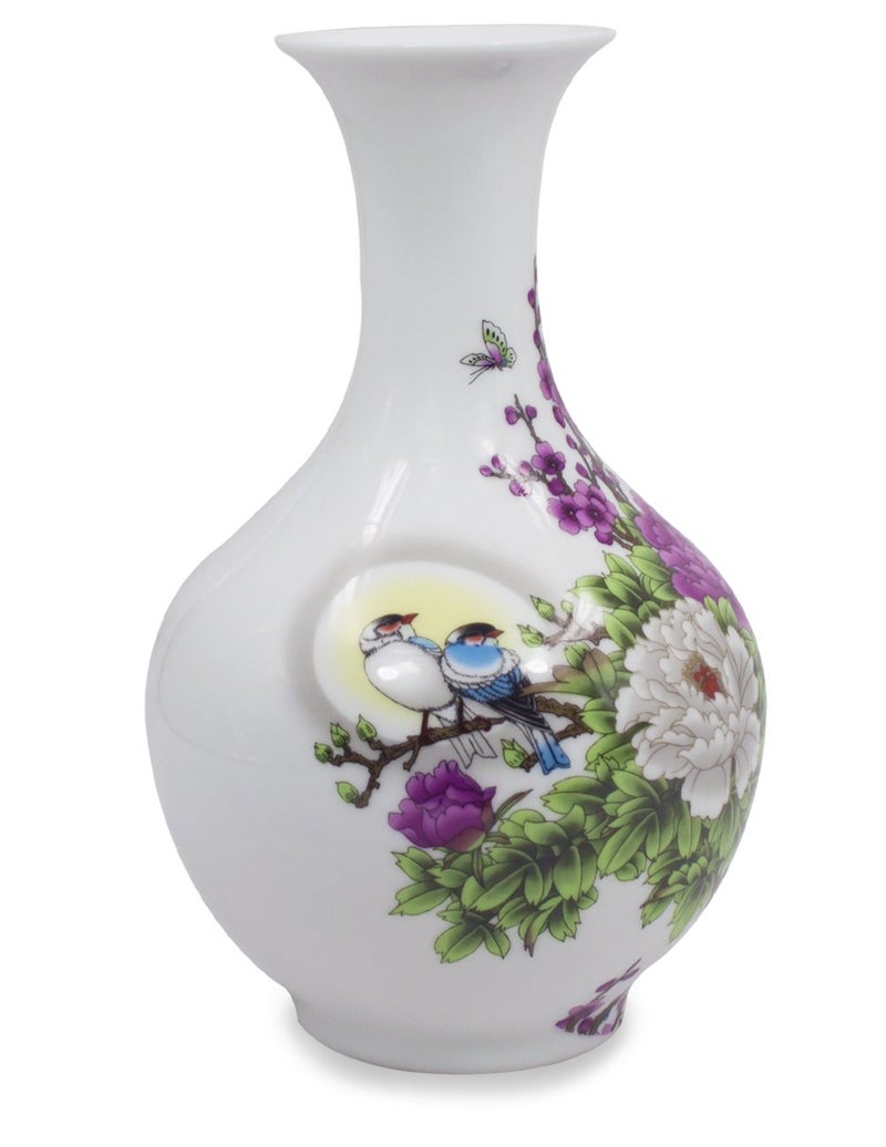 Dahlia Famille Rose Flower Vase, Handmade Chinese Porcelain, Birds in Peony, Melon Shape 8.5 Inches - Image 3