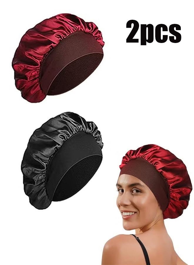 واي جيه قطعتان من البلاستيك كبير الحجم المرن غطاء النوم، بوليستر ناعم قابل للتنفس غطاء عريض من الحرير، غلاف شعر مجعد غطاء للنوم لكل الطول شعر مجعد سميك (أسود + أحمر) - Image 1