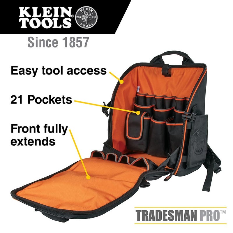 Klein Tools 55482 Tool Bag Backpack, Heavy Duty Tradesman Pro Tool Organizer with 21 Pockets and Large Interior, Water Resistant - Image 2