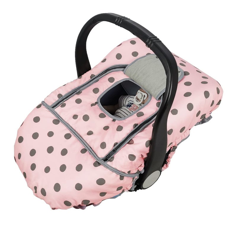 Carseat Cover Girls Winter Baby car seat Covers for Infant car seat Baby Carrier Cover Canopy Window in Door Zipper Open Thick Padded Pink dots