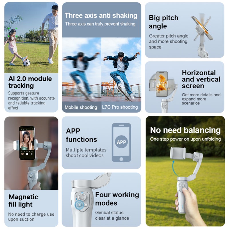 3-Axis Stabilizer Gimbal Stabilizer for Smartphone 0.28g/0.61lbs Payload Anti-shaking Support Gestures Control BT Connection with AI Vision Sensor & Fill Light Module Replacement for iPhone - Image 3