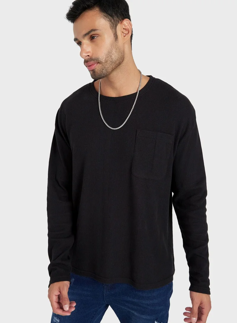 Styli Waffle Knit Full Sleeve T-shirt with Pocket Detail