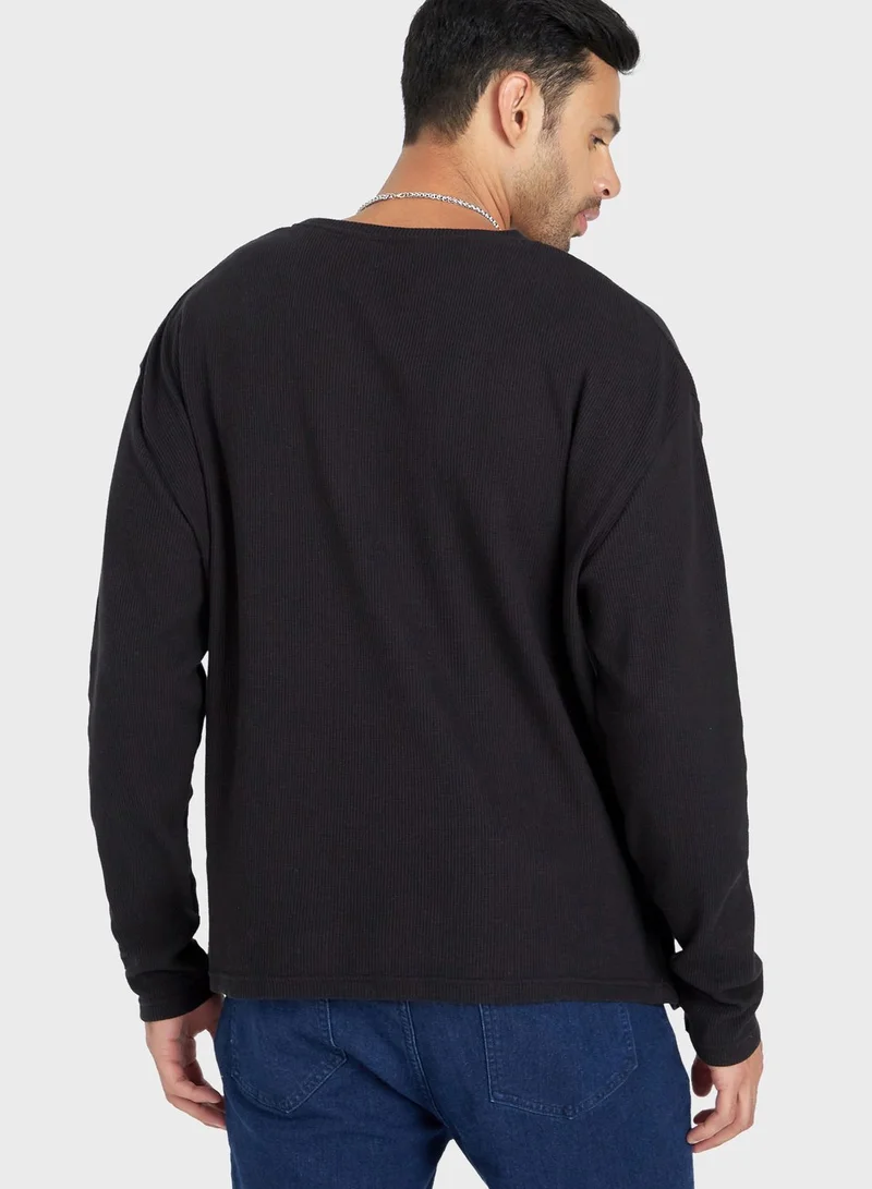 Styli Waffle Knit Full Sleeve T-shirt with Pocket Detail