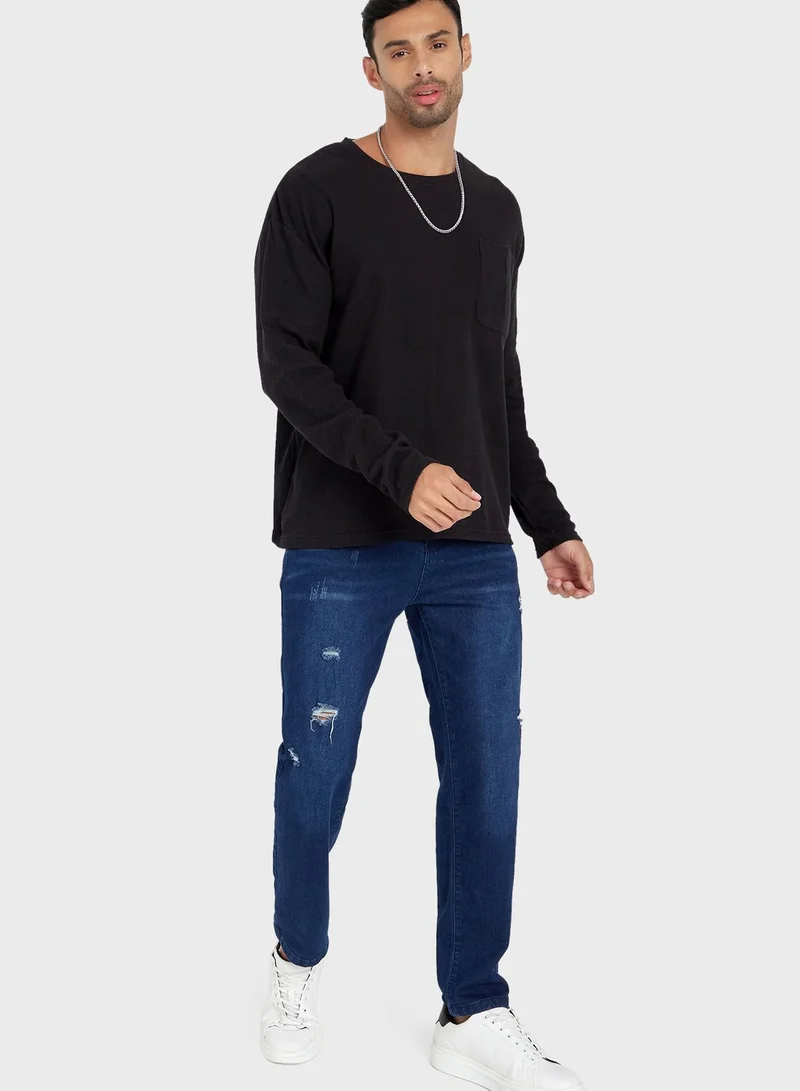 Styli Waffle Knit Full Sleeve T-shirt with Pocket Detail