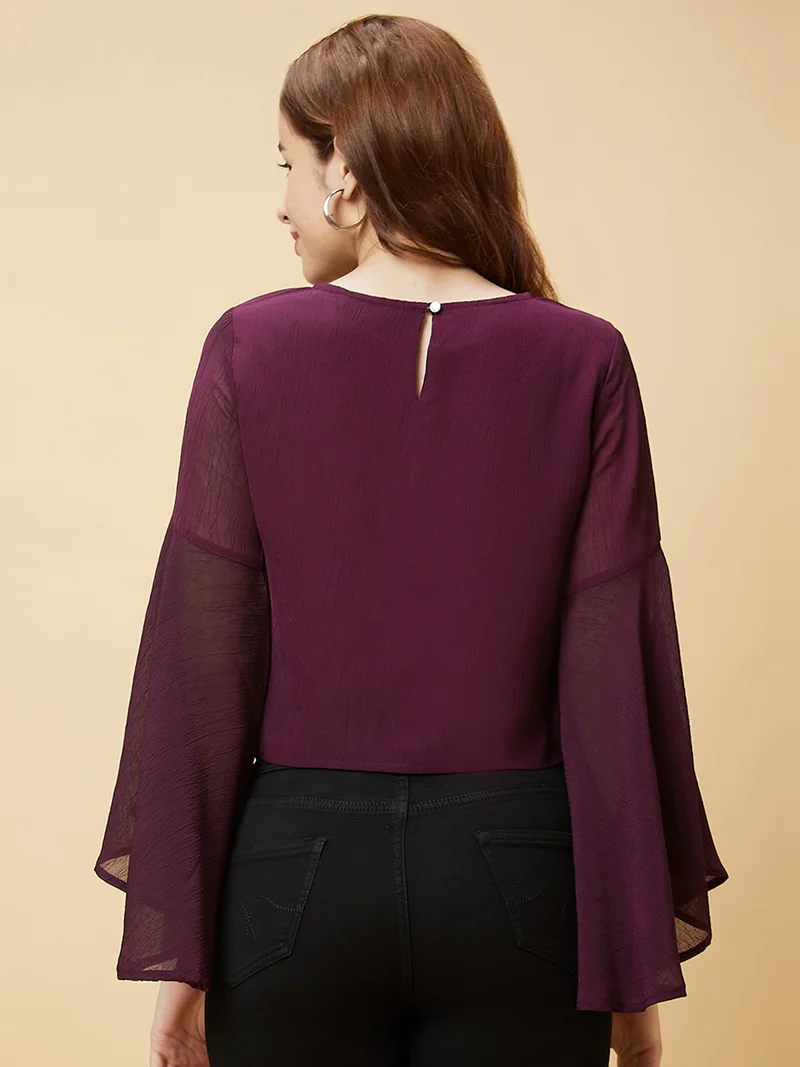 globus Women Round Neck Bell Sleeve Crop Top