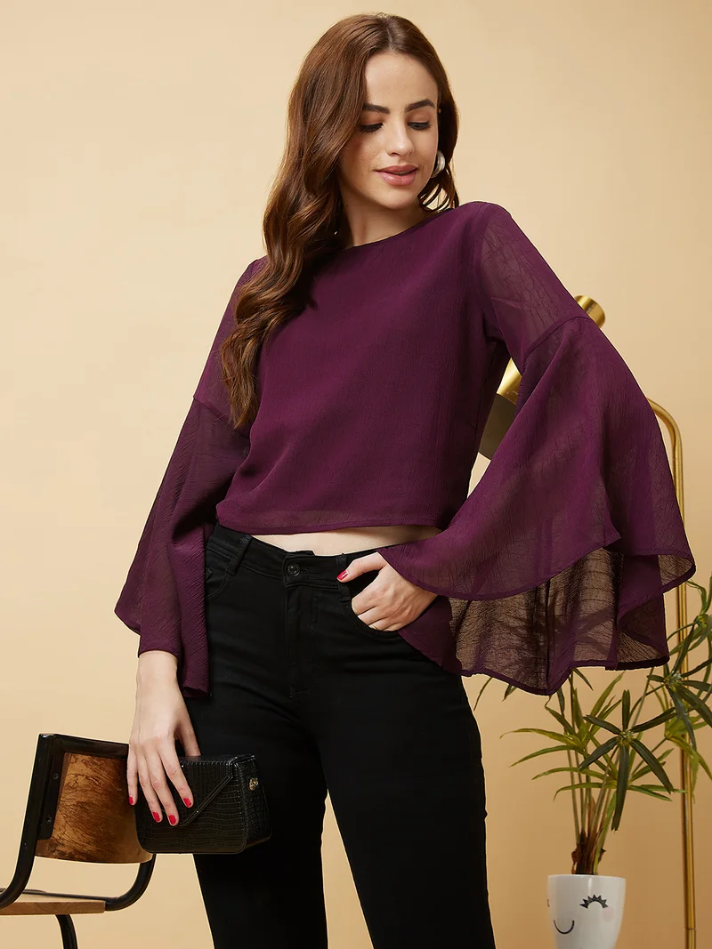 globus Women Round Neck Bell Sleeve Crop Top