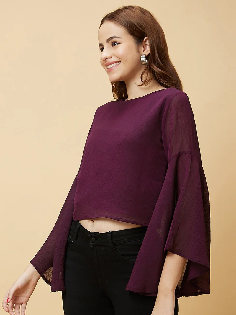 globus Women Round Neck Bell Sleeve Crop Top