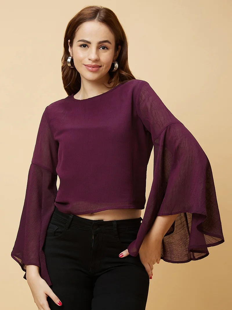 globus Women Round Neck Bell Sleeve Crop Top