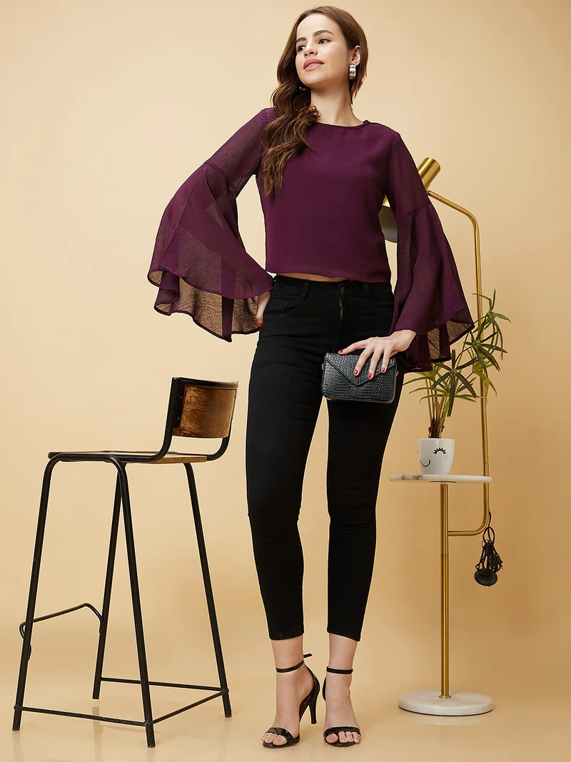 globus Women Round Neck Bell Sleeve Crop Top