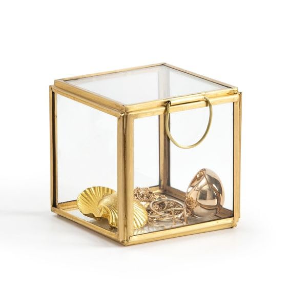 ARTINCO India Collections Home Decor Glass Brass Storage Box Decoration, Golden Decorative Glass Brass Box 3 X 3" - Image 1