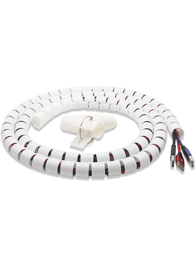 S-TOP Cable Management System – 1.5m x 28mm Heavy-Duty Spiral Wire Organizer with Adjustable Clips – Fire-Retardant PE Sleeve for TV/PC/Office/Home Theater Wiring (White) - Image 1
