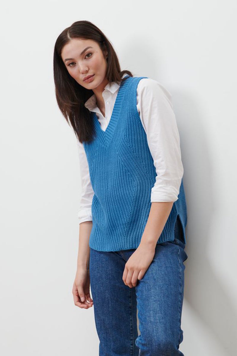 Tchibo Women Regular Fit Textured Sleeveless Sweater Vest, Blue  - Image 1
