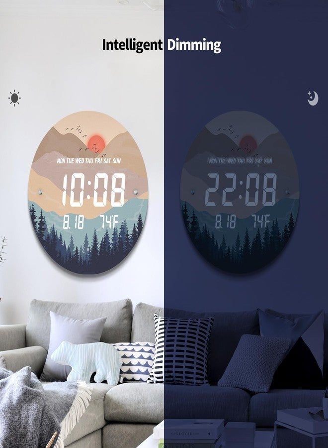 SCOAGE 12'' Smart LED Wall Clock, Sunset Wilderness Art, Radar & Voice Activated, Auto Dimming, Large Display with Temp Date Day, 12/24H, Rechargeable for Living Room Bedroom Office Decor - Image 4