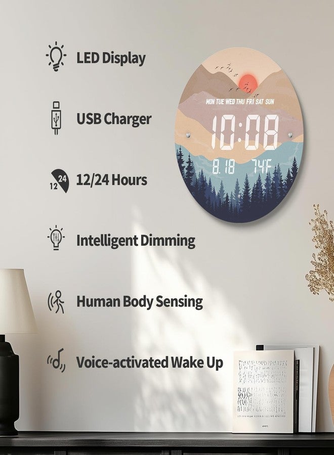 SCOAGE 12'' Smart LED Wall Clock, Sunset Wilderness Art, Radar & Voice Activated, Auto Dimming, Large Display with Temp Date Day, 12/24H, Rechargeable for Living Room Bedroom Office Decor - Image 3