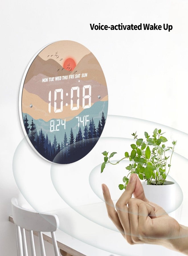 SCOAGE 12'' Smart LED Wall Clock, Sunset Wilderness Art, Radar & Voice Activated, Auto Dimming, Large Display with Temp Date Day, 12/24H, Rechargeable for Living Room Bedroom Office Decor - Image 5
