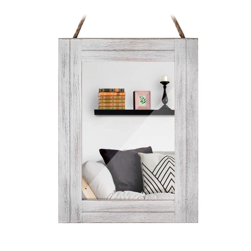 DECORKEY Rectangle Wall Mirror for Bathroom, Distressed White Wood Decor with Hanging Rope for Rustic Home Decor, Vanity, Living Room 12"Ã—16" - Image 1
