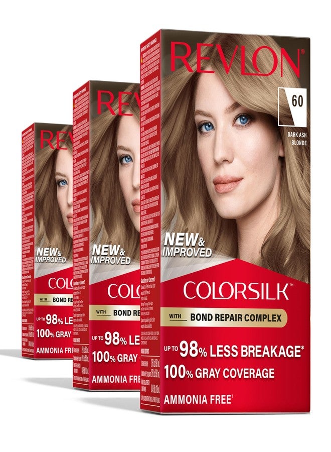 Revlon ColorSilk with Bond Repair Complex, Blonde Permanent Hair Color, 100% Gray Coverage, Ammonia Free Hair Dye, Vegan Keratin, 60 Dark Ash Blonde (Pack of 3) - Image 1