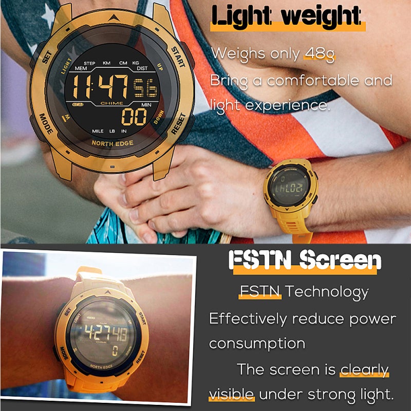 NORTH EDGE Sport Watch 50M Waterproof Pedometer Calories Counter EL Backlight - FSTN Technology Shockproof Lightweight Digital Watch for Swimming Sports - Image 2