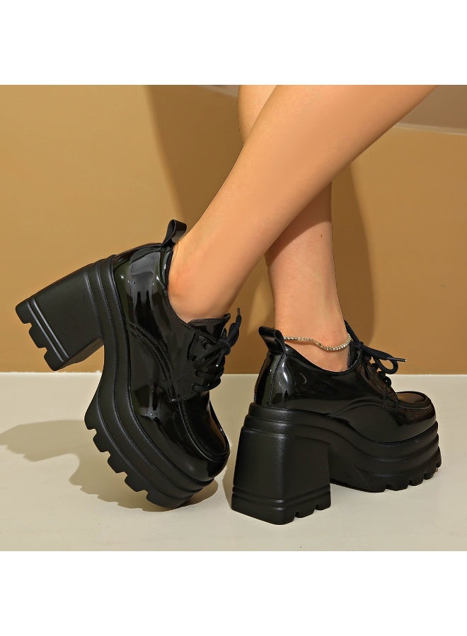 Women's Black Lace-up Platform Chunky Heel Patent Shoes - Image 2