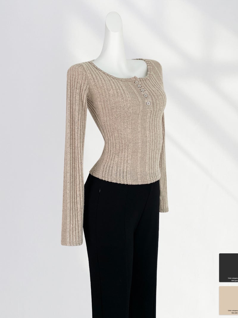 Super Soft Yujie Style Brushed Pit Slim-Fit Long-Sleeved T-Shirt Women'S Spring New Half-Open Collar Pure Style Top - Image 2