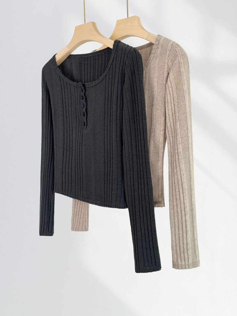 Super Soft Yujie Style Brushed Pit Slim-Fit Long-Sleeved T-Shirt Women'S Spring New Half-Open Collar Pure Style Top - Image 4