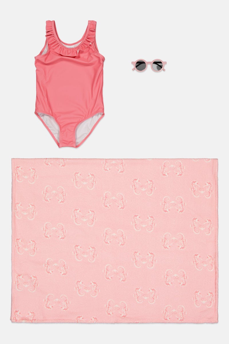 L&J Swim Club Kids Girl 3 Pcs Allover Print Swimwear Set, Multicolor - Image 1