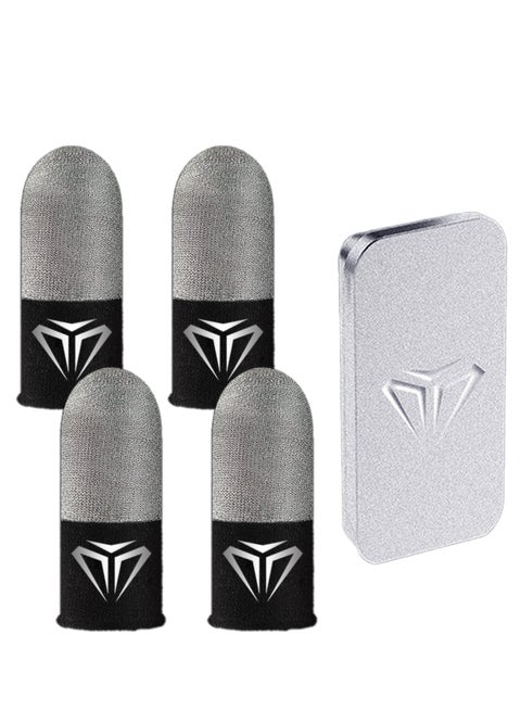 4pcs Gaming Finger gloves,Paired With A Metal Storage Box,100% Visible Silver Fibers,Just Right Pressure/Breathable/Sweatproof（Silver black）