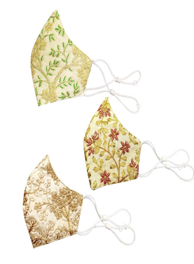 Fclues Women and Men Cotton Safety Protection, Reusable Mask Without Valve for Function, Wedding, Party, Casual (Free size, Green with Gold and Maroon) - Pack of 3 - Image 1