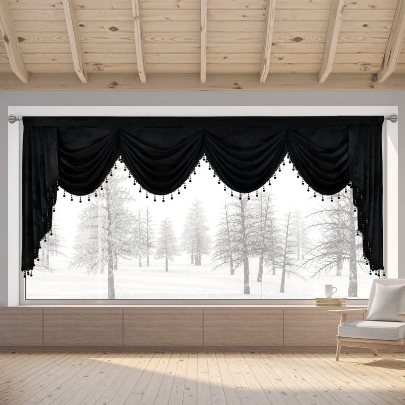 OYRING Black Rod Pocket Velvet Window Curtains Valance for Living Room - Large Waterfall Valance for Bedroom (1 Panel, Black, W110) - Image 2