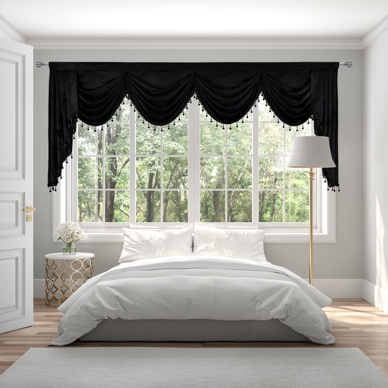 OYRING Black Rod Pocket Velvet Window Curtains Valance for Living Room - Large Waterfall Valance for Bedroom (1 Panel, Black, W110) - Image 1