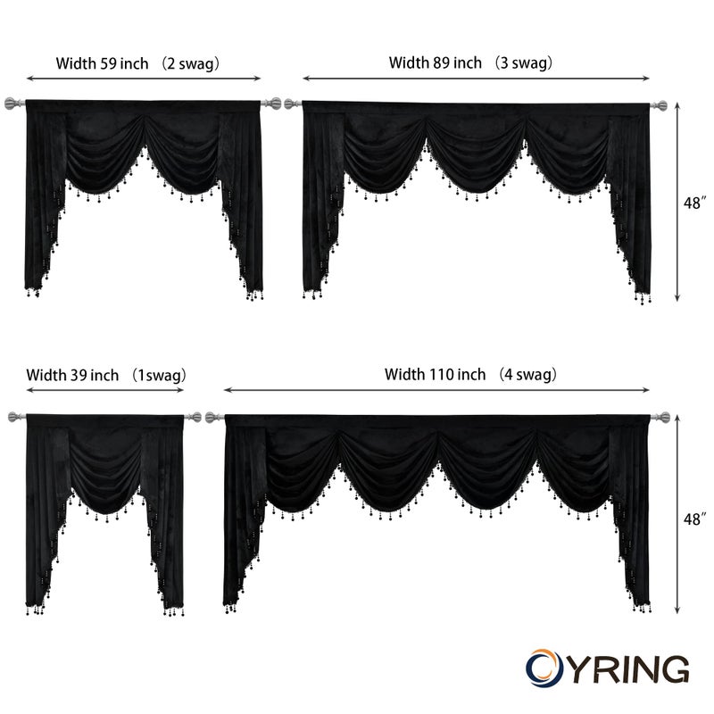 OYRING Black Rod Pocket Velvet Window Curtains Valance for Living Room - Large Waterfall Valance for Bedroom (1 Panel, Black, W110) - Image 4