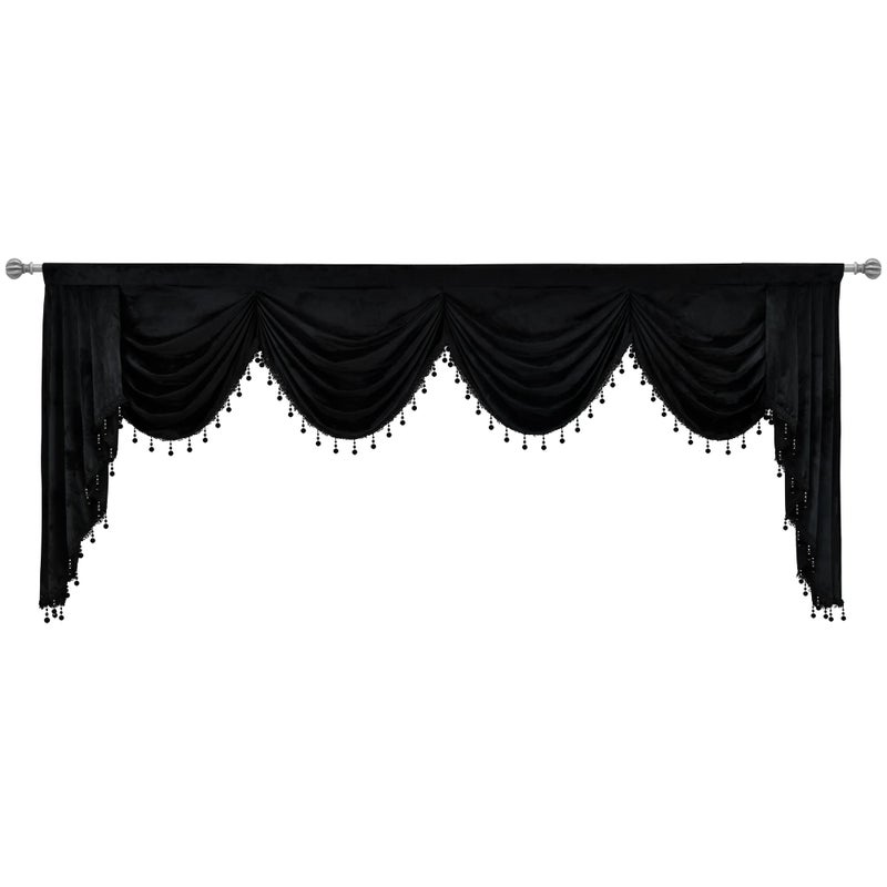 OYRING Black Rod Pocket Velvet Window Curtains Valance for Living Room - Large Waterfall Valance for Bedroom (1 Panel, Black, W110) - Image 3