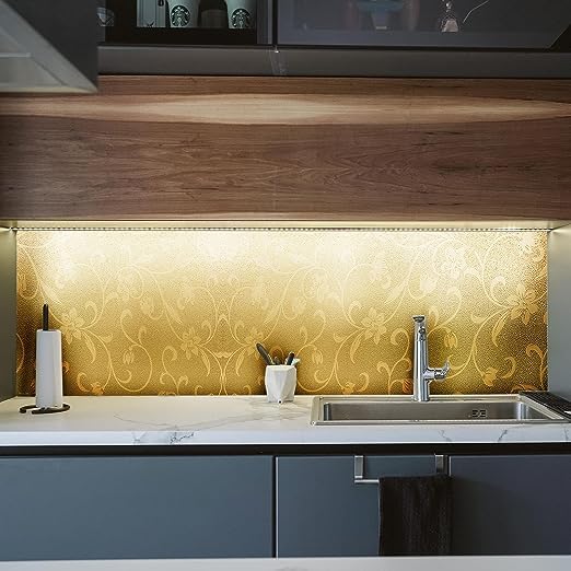sia SIA VENDORS Kitchen Oil Proof Sticker Wallpaper Backsplash Aluminum foil Oil self-Adhesive Paper Waterproof Heat Resistant Drawer Sticker (12 X 48 Inch, Jasmine Gold) - Image 2