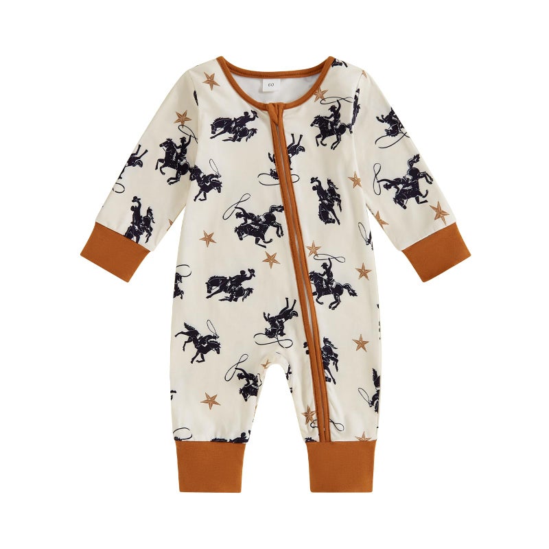 Mieeyali Western Baby Boy Clothes Cowboy Baby Outfit Infant Knight Print One-piece Jumpsuit Newborn Fall Winter Romper (Apricot, 3-6 Months) - Image 1