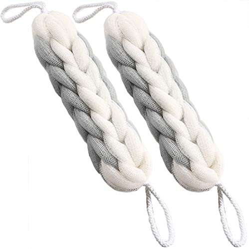 AARAINBOW 2 Packs Upgraded Long Stretch Back Sponge with Rope Handles Back Scrubber Bath Shower Mesh Sponge Exfoliating Body Scrub Stretch Braided Loofah for Men Women Loofah Rope 2 Gray