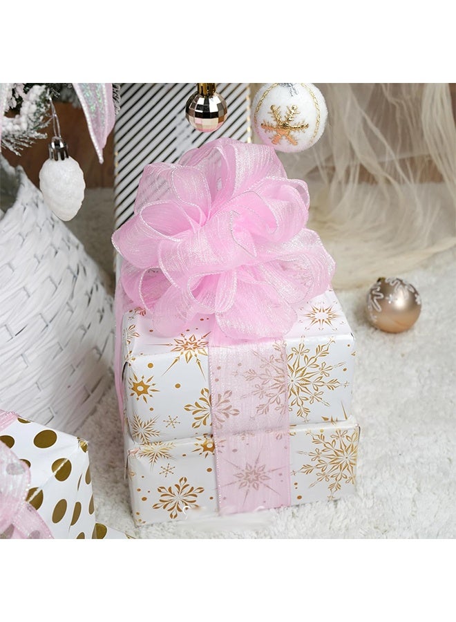 Pink Wired Ribbon 4CM Metallic Light Pink Crinkle Sheer Ribbon for Baby Shower Christmas Tree Wreaths Bows Rustic Wedding Gift Wrapping Farmhouse Crafts 10 Yards - Image 2