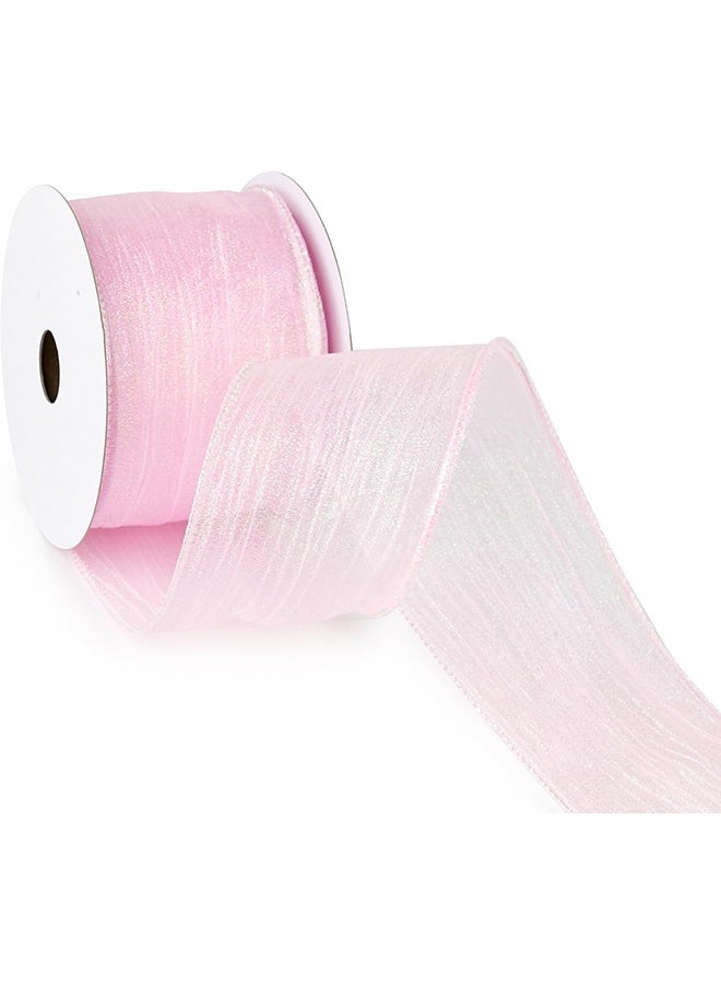 Pink Wired Ribbon 4CM Metallic Light Pink Crinkle Sheer Ribbon for Baby Shower Christmas Tree Wreaths Bows Rustic Wedding Gift Wrapping Farmhouse Crafts 10 Yards - Image 1