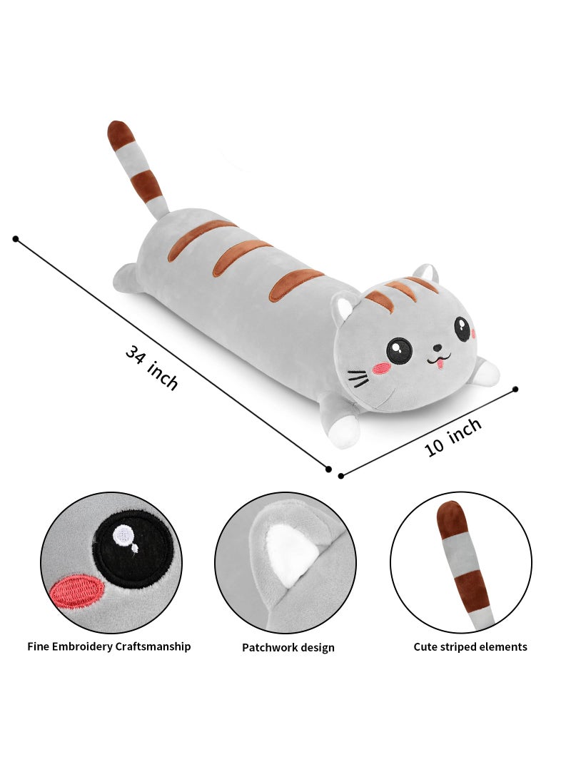 AFAN AFAN Cute Long Cat Plush Kawaii 34 Body Pillow Cat Stuffed Animals Soft Plushies Cuddly Cotton Kitten Sleeping Pillow Back Cushion Stuffed Plush Doll Toy Gift for Kids Girlfriend (Grey)  - Image 2