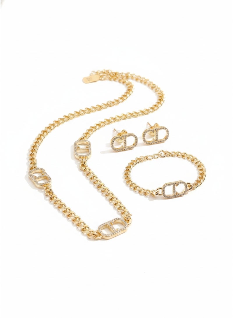 Classic CD letter light luxury jewelry three piece set necklace bracelet earring three piece set alloy jewelry gift box - Image 1