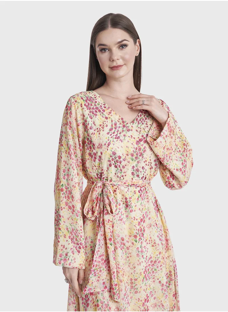 كشخة Floral Print Chiffon Frilled Dress