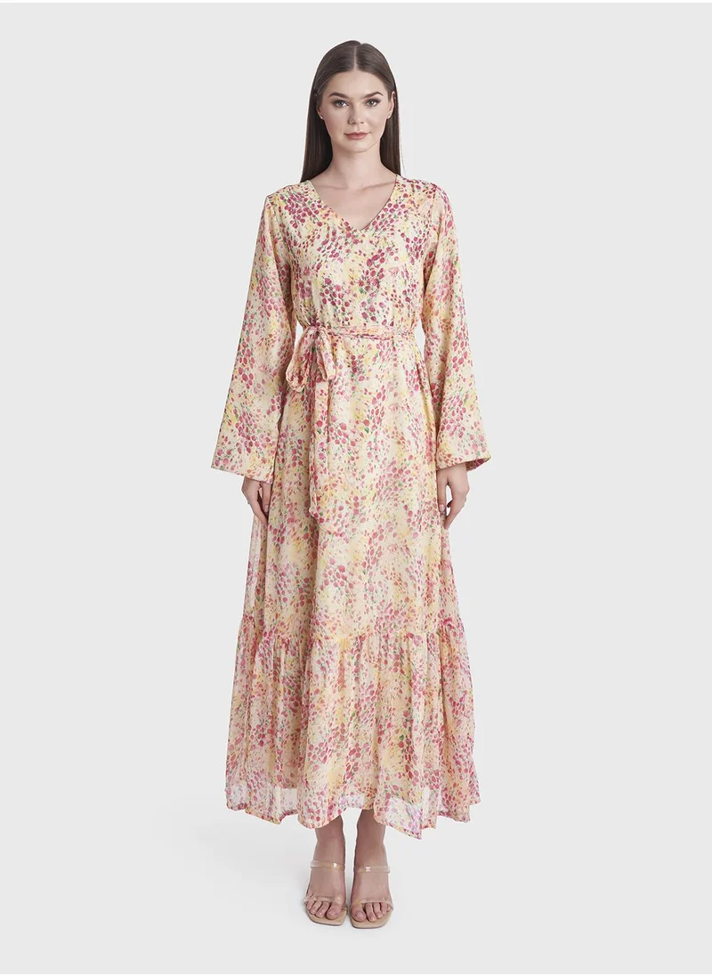 كشخة Floral Print Chiffon Frilled Dress