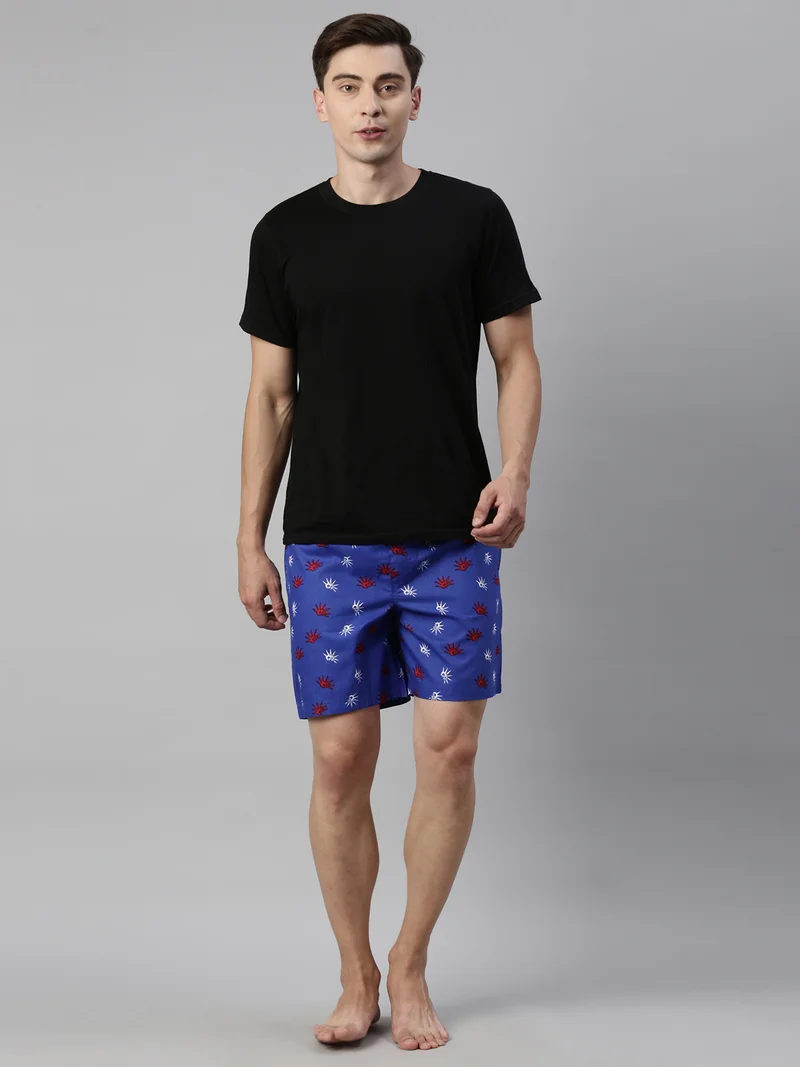 Joven Dark Blue Navy Blue Cotton Printed Lounge Shorts for Men for Men | Best Price UAE