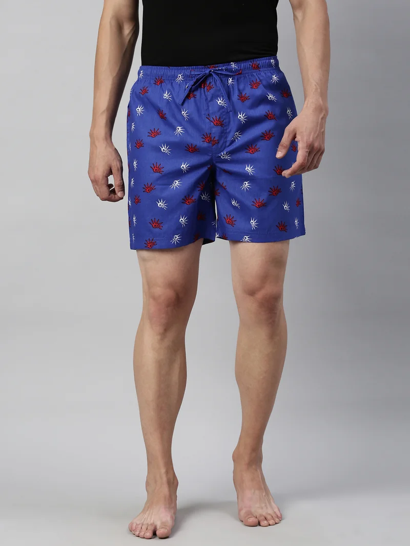 Joven Navy Blue Cotton Printed Lounge Shorts for Men