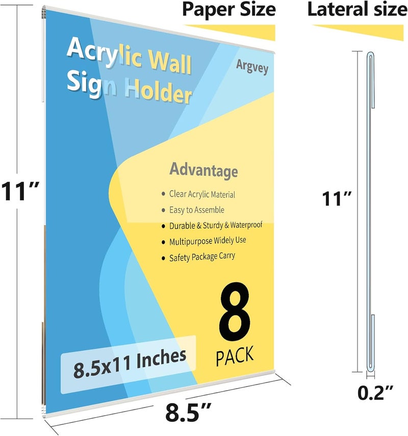 Argvey 8 Pack Acrylic Sign Holder, 8.5 X 11 inch Wall Mount Clear Plastic Paper Sign Display with 3M Tape, Photo Advertising Menu Flyer Display in Home Office, Restaurant, Hotel, and Store - Image 3