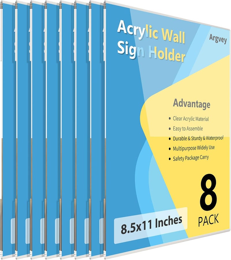 Argvey 8 Pack Acrylic Sign Holder, 8.5 X 11 inch Wall Mount Clear Plastic Paper Sign Display with 3M Tape, Photo Advertising Menu Flyer Display in Home Office, Restaurant, Hotel, and Store - Image 1
